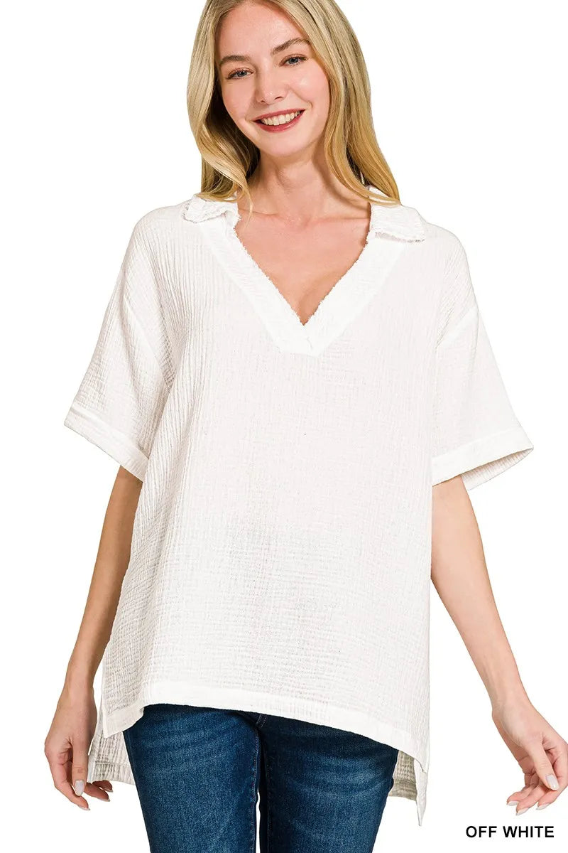 Zenana Double Gauze Short Sleeve High-Low Top on Simply Obsessed