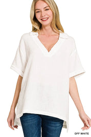 Zenana Double Gauze Short Sleeve High-Low Top on Simply Obsessed