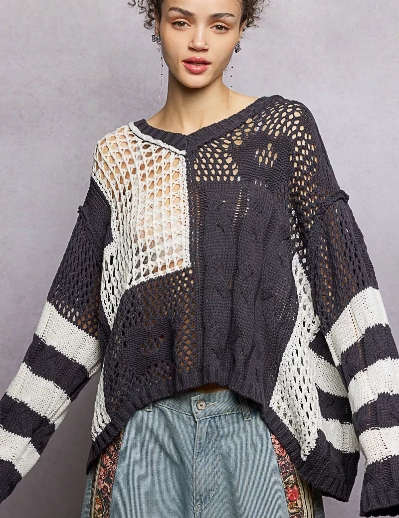 POL Color-Blocked Stripe Pattern Knit Top with Twisted Weave on Simply Obsessed