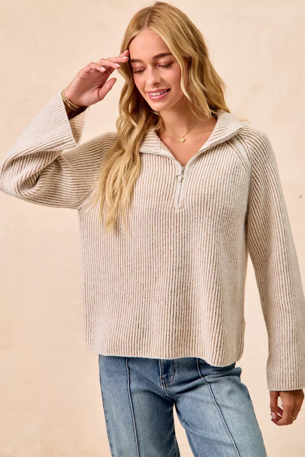 BiBi Two Tone Rib Texured Knit Collared Top with Zip Up on Simply Obsessed