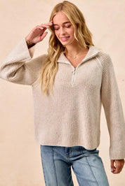 BiBi Two Tone Rib Texured Knit Collared Top with Zip Up on Simply Obsessed