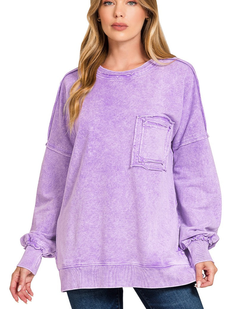 ZENANA Halo Washed French Terry Exposed-seam Sweatshirt on Simply Obsessed