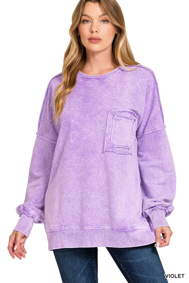 ZENANA Halo Washed French Terry Exposed-seam Sweatshirt on Simply Obsessed