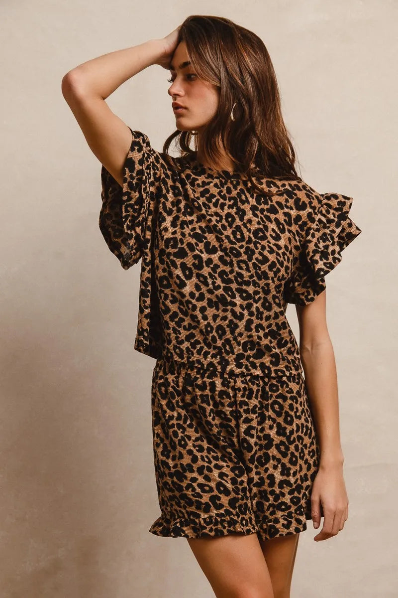 BIBI Leopard Print Waffle Texture Layered Ruffle Sleeve Top and Shorts Set on Simply Obsessed