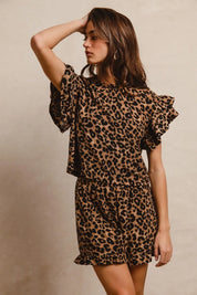 BIBI Leopard Print Waffle Texture Layered Ruffle Sleeve Top and Shorts Set on Simply Obsessed