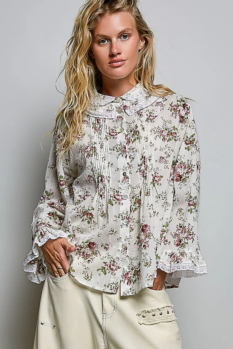 POL Floral Lace Trim Pintuck Button-Down Shirt on Simply Obsessed