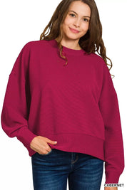 ZENANA Ribbed Round Neck Pullover and Drawstring Pants Set on Simply Obsessed