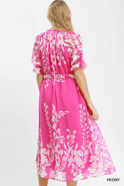 UMGEE Floral Print Tie Waist Midi Dress with Side Pockets on Simply Obsessed