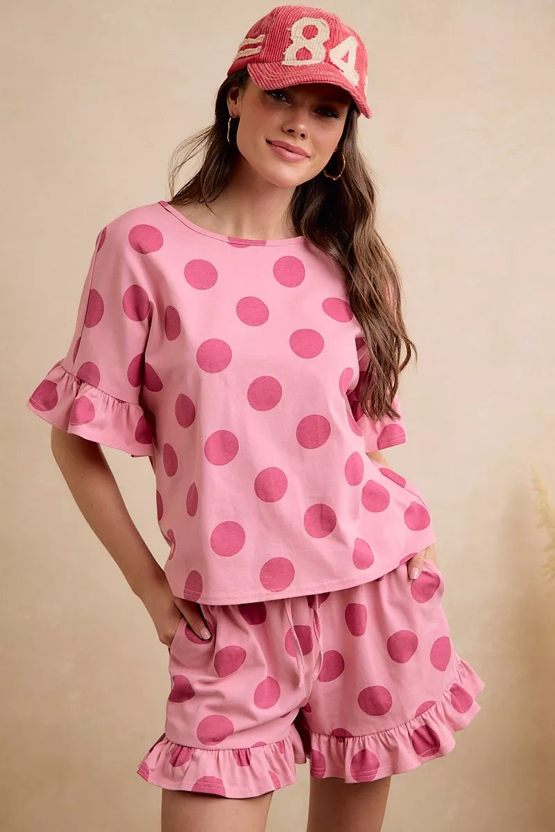 BIBI Polka Dots Printed Ruffled Detail Top And Shorts Set **DOORBUSTER** on Simply Obsessed