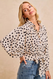 BIBI Polka Dot Print Tie Hem Detail Crop Shirt on Simply Obsessed