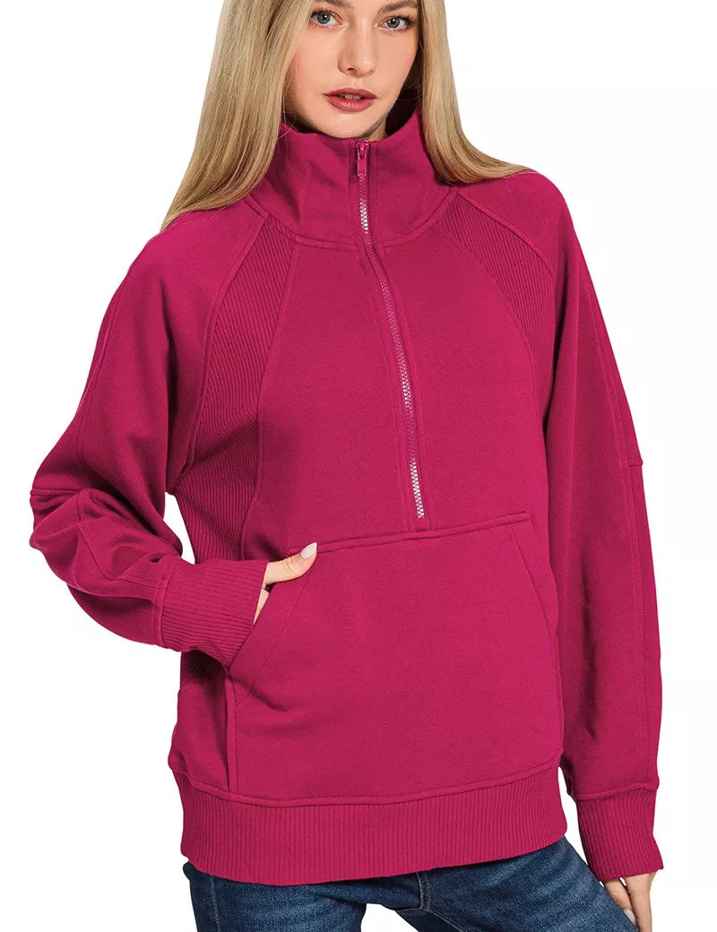 ZENANA Half Zip Fleece Sweatshirt with kangaroo Pocket on Simply Obsessed