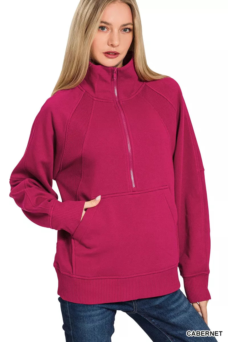 ZENANA Half Zip Fleece Sweatshirt with kangaroo Pocket on Simply Obsessed