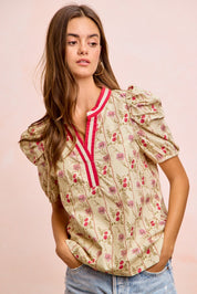 BIBI Floral Gather Sleeves Contrast Neckband Blouse Top on Simply Obsessed