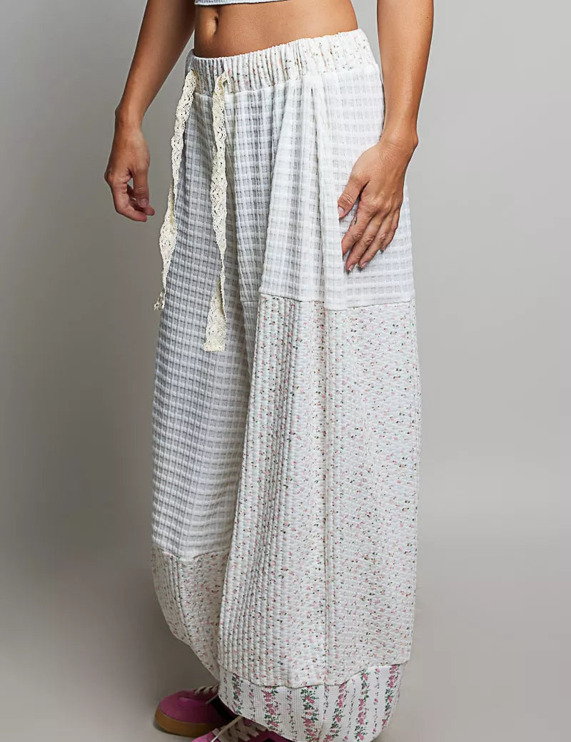 POL Patchwork Mixed Knit Wide Leg Pants on Simply Obsessed