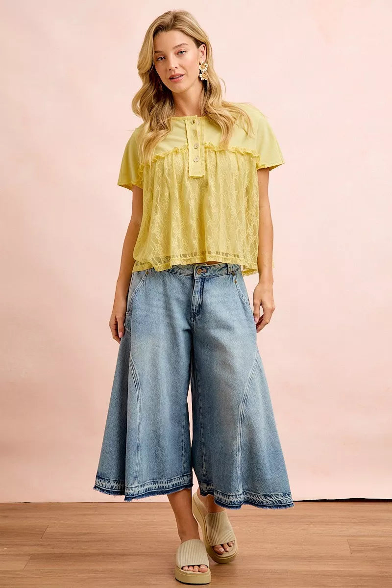 BIBI Solid Jersey With Lace Combo Ruffled Buttoned Top on Simply Obsessed