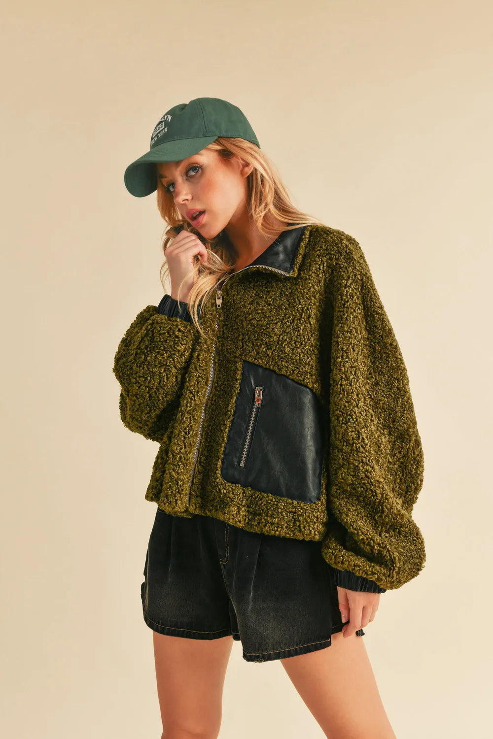 Aemi + Co Collared Neck Zip Up Sherpa Jacket on Simply Obsessed