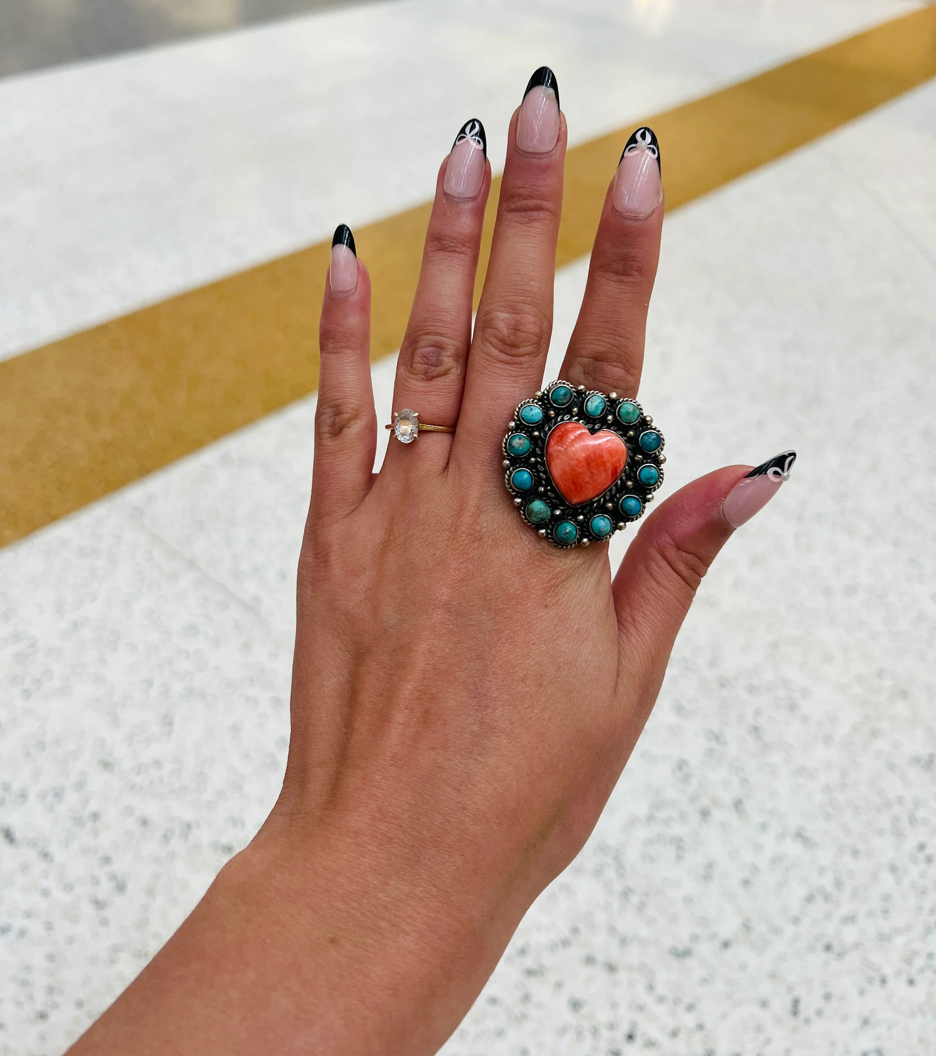 Chrysocolla & Coral Heart Tibetan Silver Adjustable Ring on Simply Obsessed