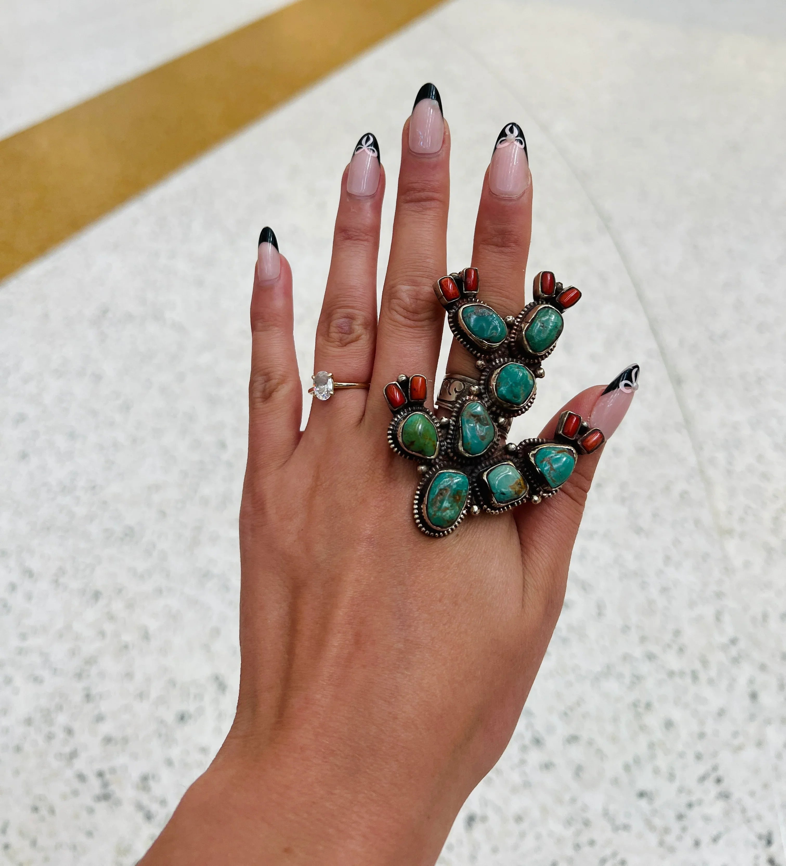 Chrysoprase & Coral Cactus Tibetan Silver Adjustable Ring on Simply Obsessed