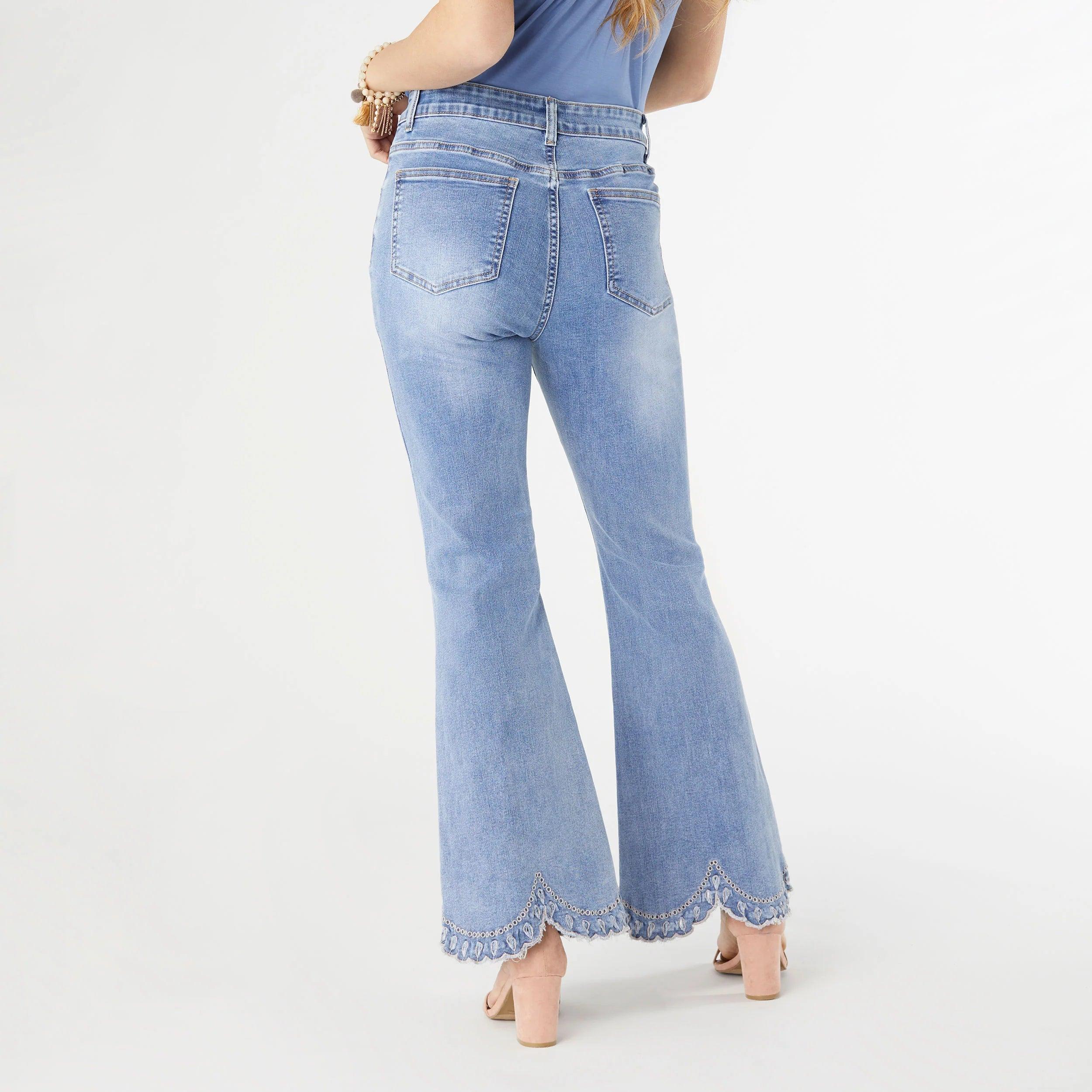 COCO + CARMEN Everstretch Flare Jeans w/ Hand Embroidered Scalloped Bottom on Simply Obsessed