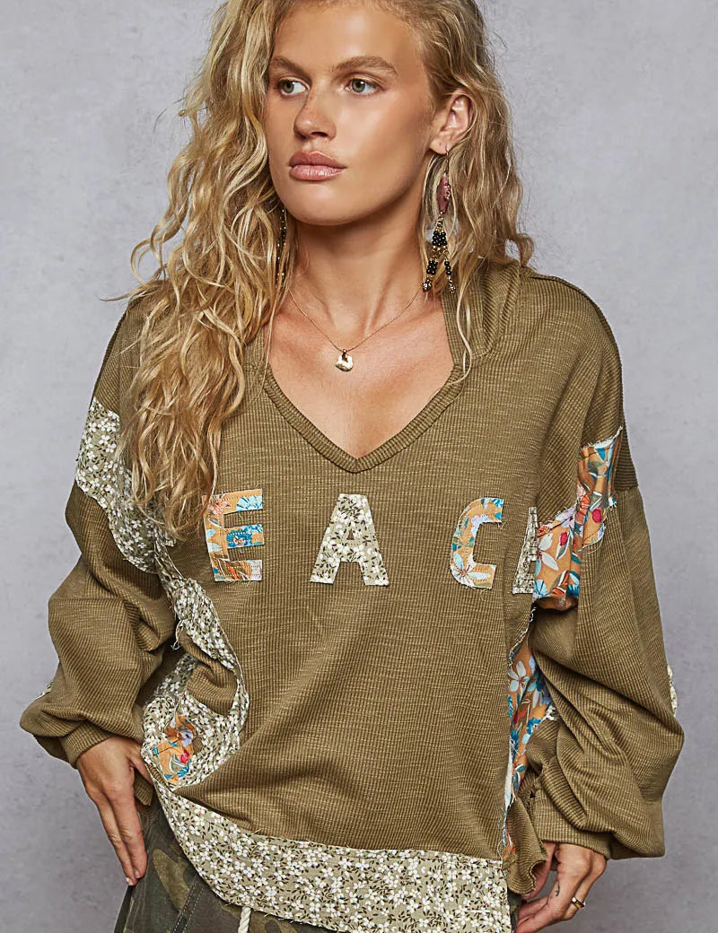 POL Peace Patch Floral Long Sleeve Hoodie on Simply Obsessed