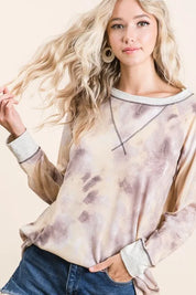 BiBi Tie Dye Terry Pull Over With Contrast Stitching on Simply Obsessed