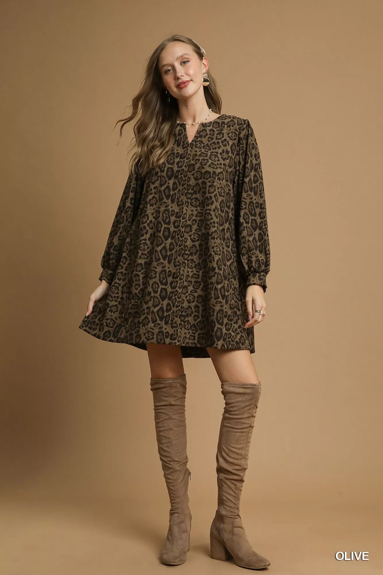 Umgee Leopard Print Long Sleeve Swing Dress on Simply Obsessed