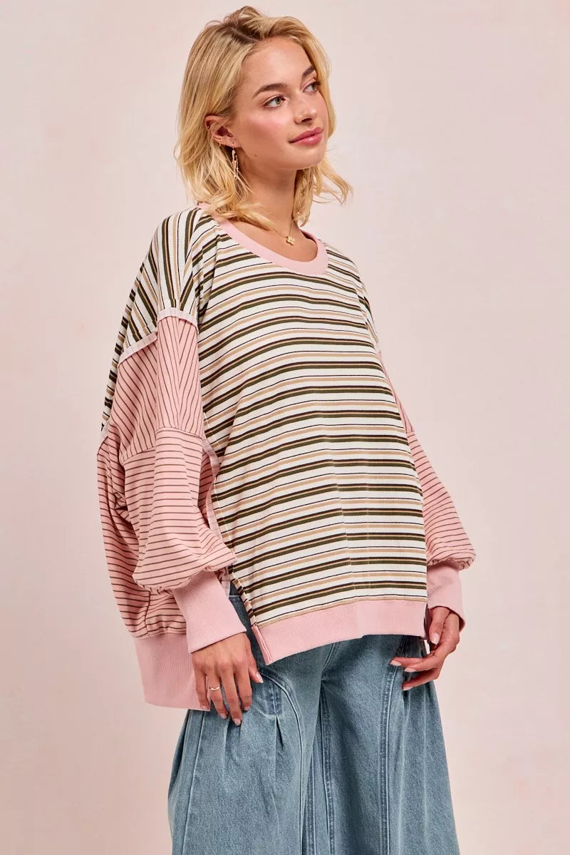 BIBI Stripe Mixed Top With Cut Edge And Reverse Outseam on Simply Obsessed