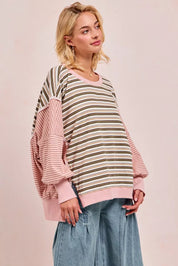 BIBI Stripe Mixed Top With Cut Edge And Reverse Outseam on Simply Obsessed