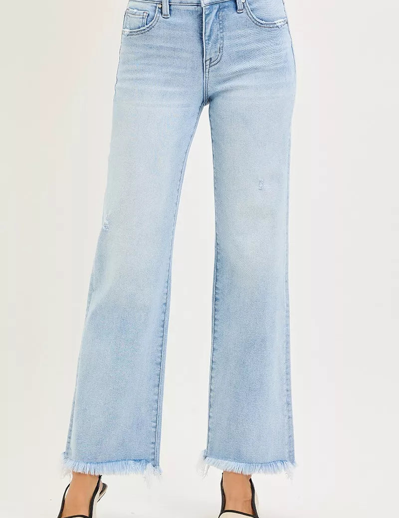 RISEN Tummy Control Mid Rise Ankle Straight Fray Hem Jeans on Simply Obsessed