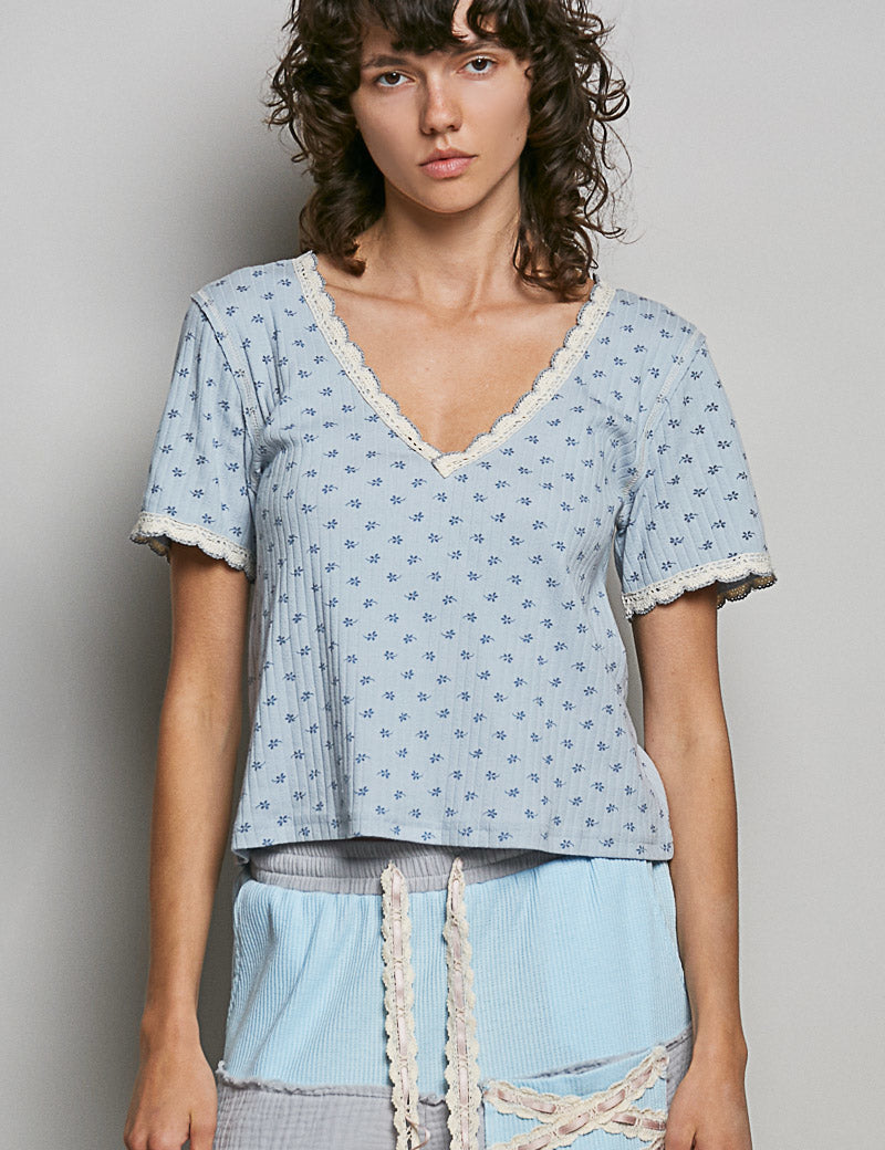 POL Floral V-Neck Short Sleeve Rib T-Shirt on Simply Obsessed