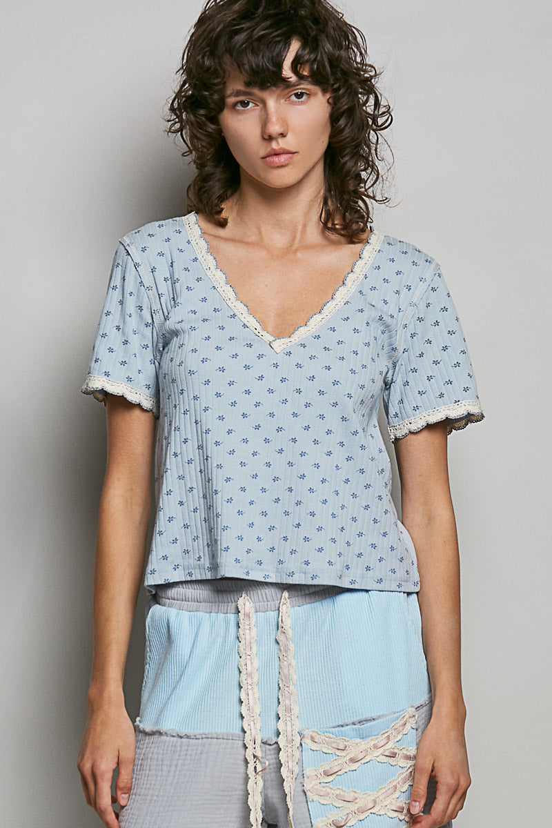 POL Floral V-Neck Short Sleeve Rib T-Shirt on Simply Obsessed