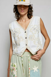 POL Embroidered Floral V-Neck Button Down Crochet Vest on Simply Obsessed
