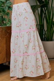 BIBI Rose Printed Gauze Trim Detail Smocked Maxi Pants on Simply Obsessed