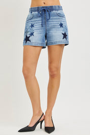 RISEN Elastic Band Slouchy Denim Shorts with Star Patched Details **DEBUT SALE** on Simply Obsessed