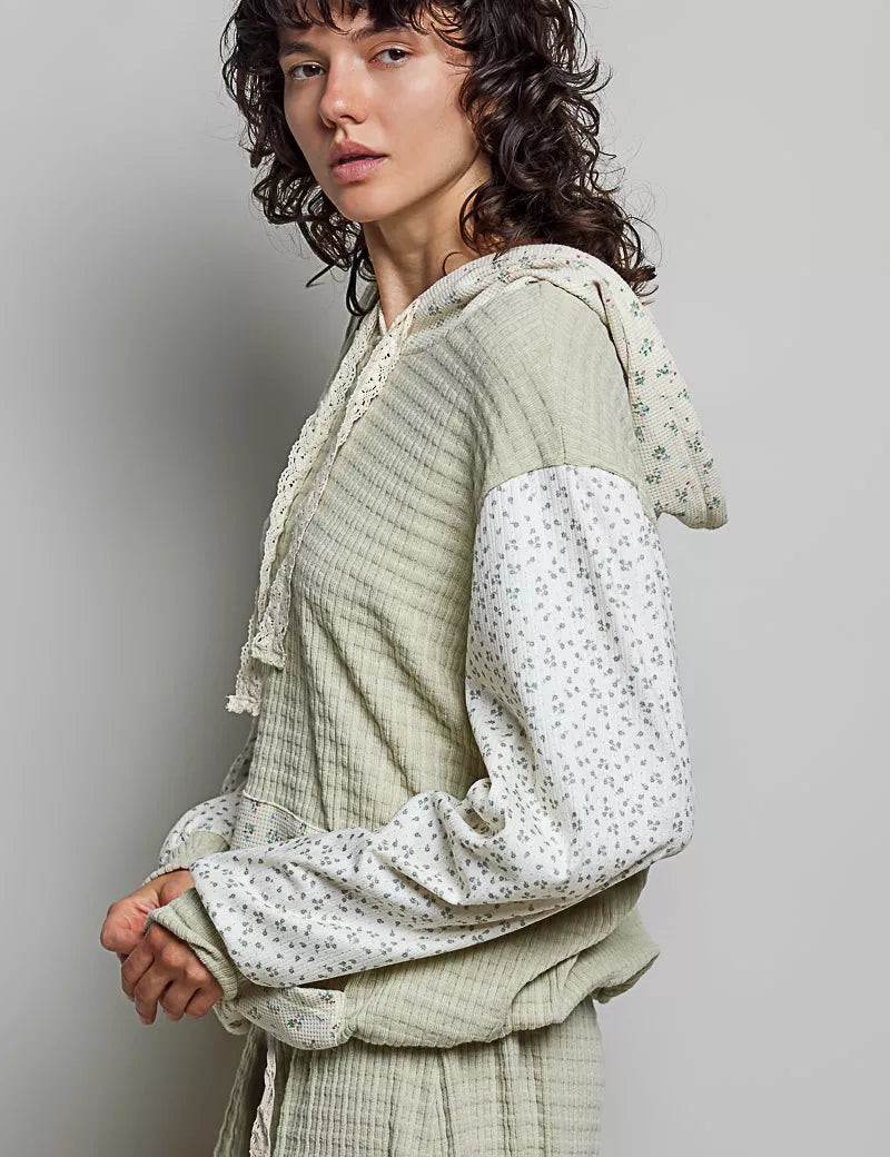 POL Mixed Knit Contrast Print Sleeve Hoodie with Kangaroo Pocket on Simply Obsessed