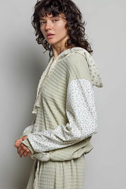 POL Mixed Knit Contrast Print Sleeve Hoodie with Kangaroo Pocket on Simply Obsessed