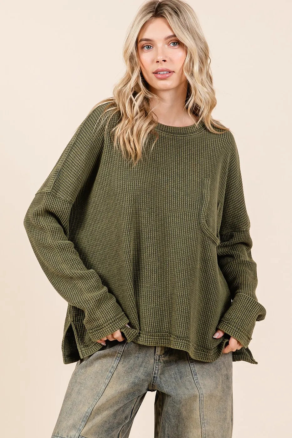 MITTOSHOP Mineral Wash Cutout Pocket Long Sleeve Waffle Top on Simply Obsessed
