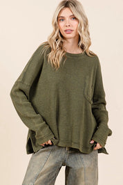 MITTOSHOP Mineral Wash Cutout Pocket Long Sleeve Waffle Top on Simply Obsessed
