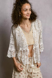 POL Floral Lace Short Sleeve Crochet Cardigan with Tassel Tie on Simply Obsessed