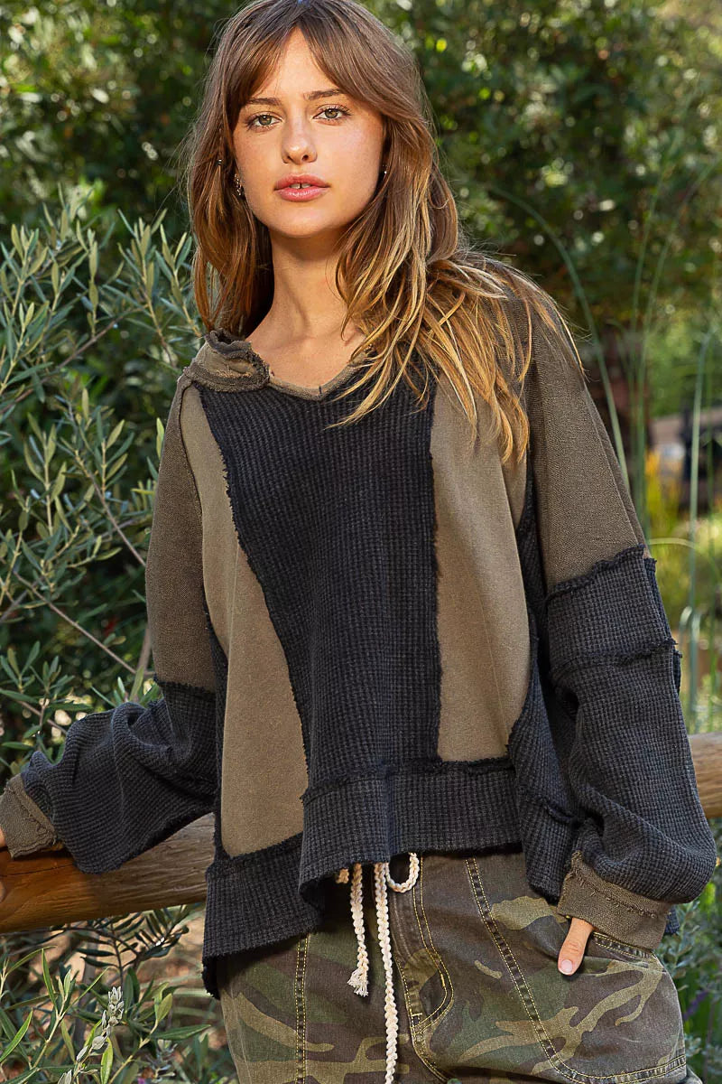 POL Color Block Waffle Knit Raw Hem Sweatshirt on Simply Obsessed