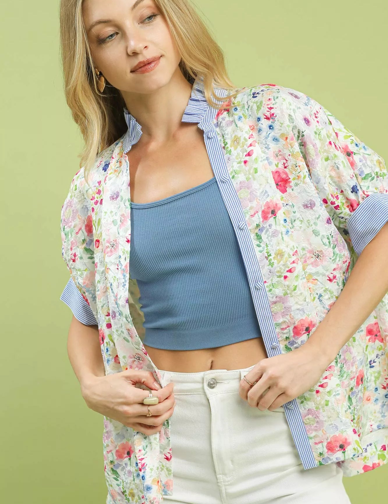 Umgee Jacquard Floral Print Button-Down Shirt on Simply Obsessed