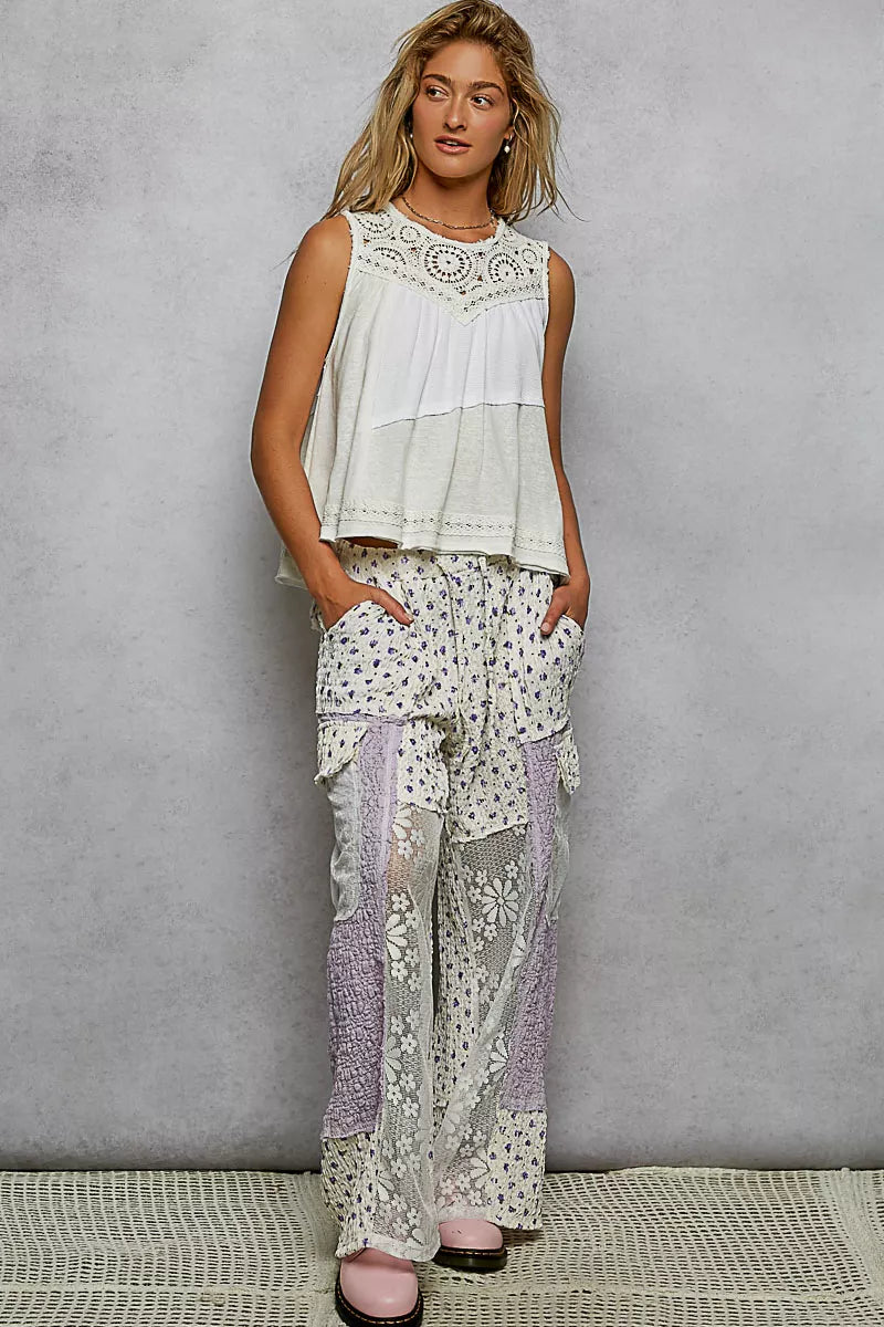 POL Round Neck Sleeveless Top with Crochet Contrast on Simply Obsessed