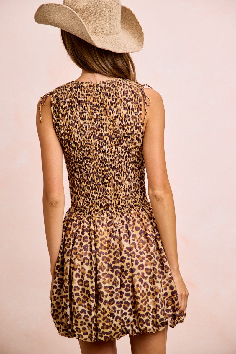 BIBI Leopard Bow Tie Attachable Puff Sleeves Dress on Simply Obsessed