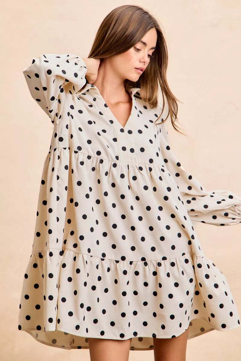 BIBI Polka Dot Corduroy Collared V Neck Dress on Simply Obsessed
