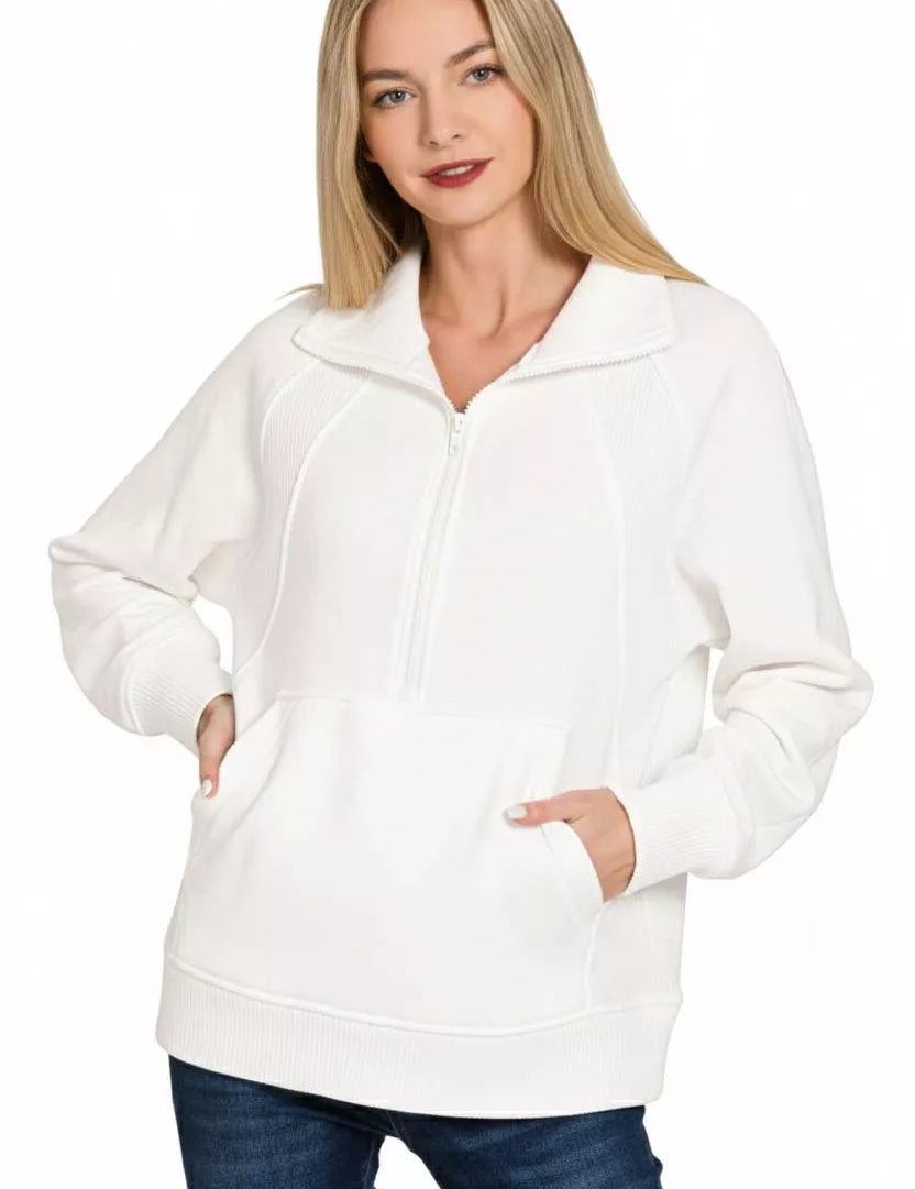 Zenana Half Zip Fleece Sweatshirt with kangaroo Pocket on Simply Obsessed