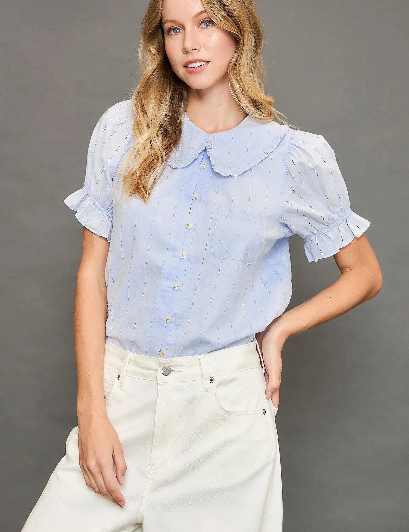 Umgee Peter Pan Collared Button Down Textured Shirt with Ruffled Detail on Simply Obsessed