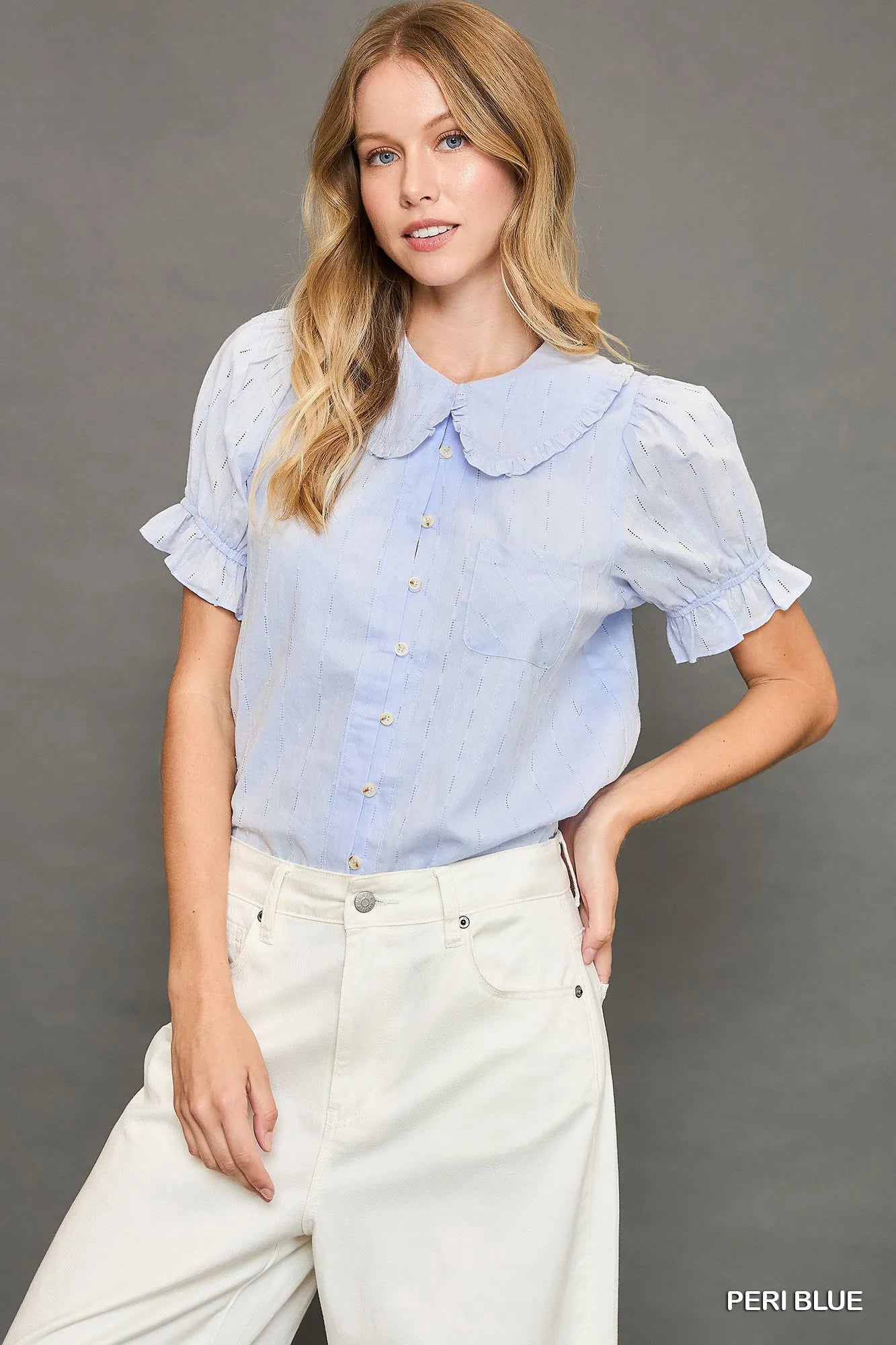 Umgee Peter Pan Collared Button Down Textured Shirt with Ruffled Detail on Simply Obsessed