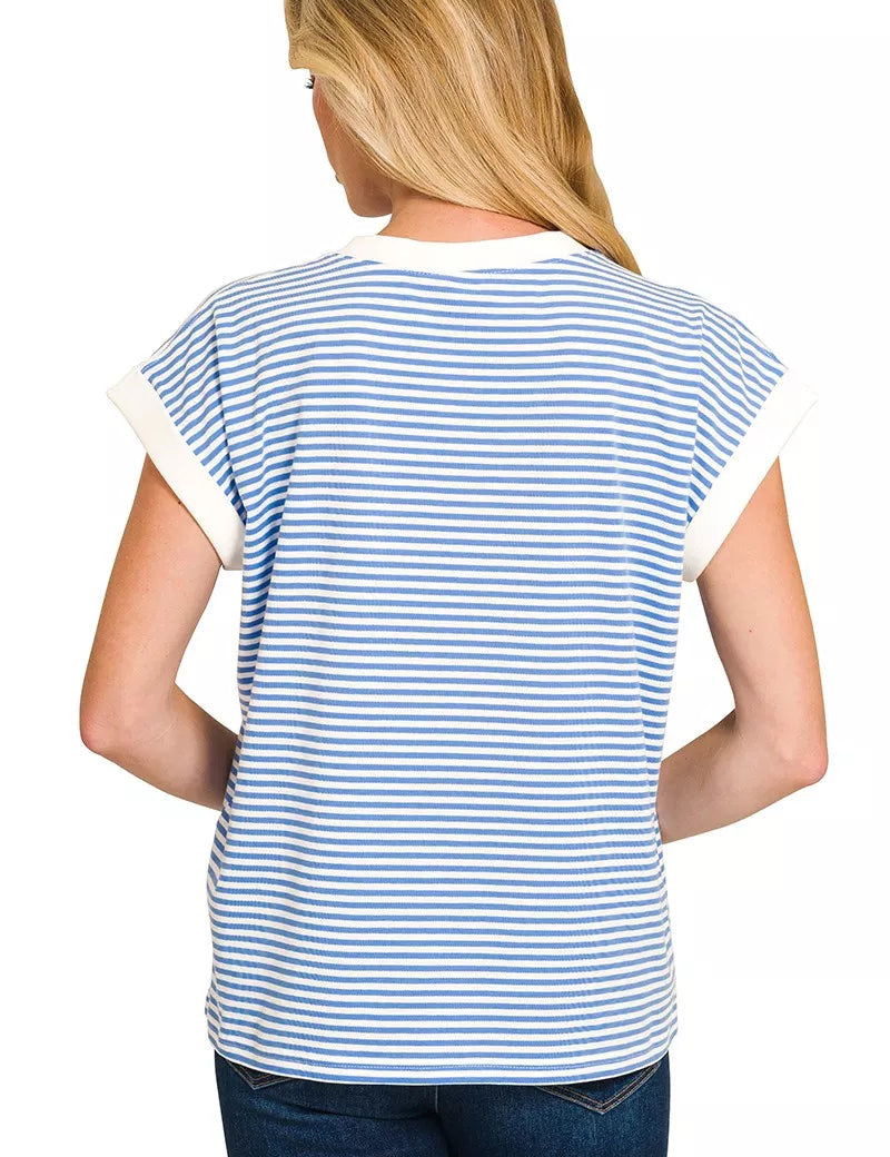 ZENANA Striped Round Neck Short Sleeve Contrast Trim T-Shirt on Simply Obsessed