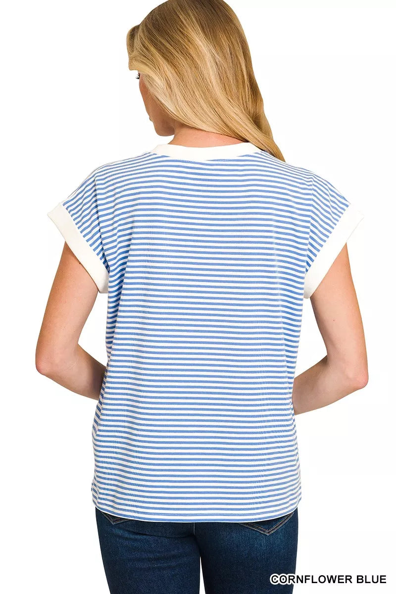 ZENANA Striped Round Neck Short Sleeve Contrast Trim T-Shirt on Simply Obsessed