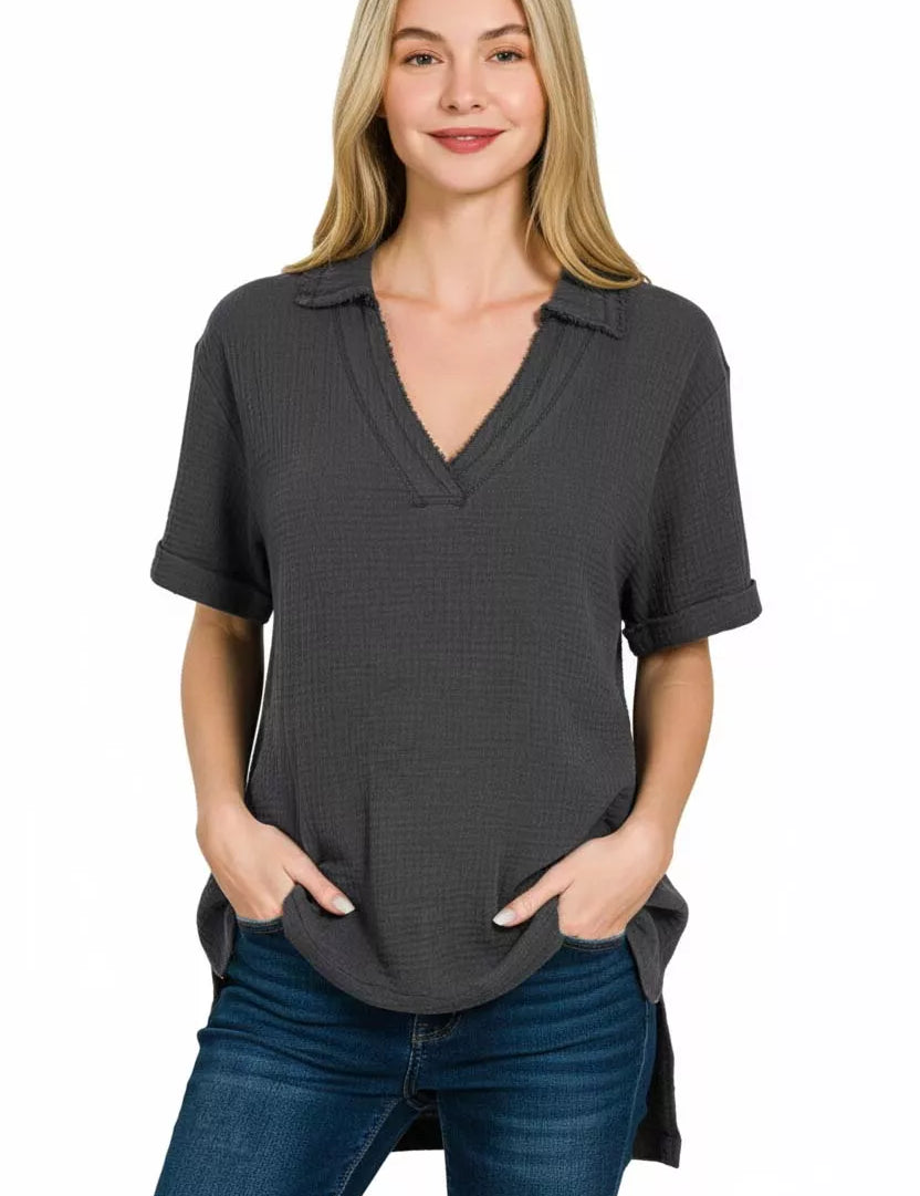 ZENANA Double Gauze Short Sleeve High-Low Top on Simply Obsessed